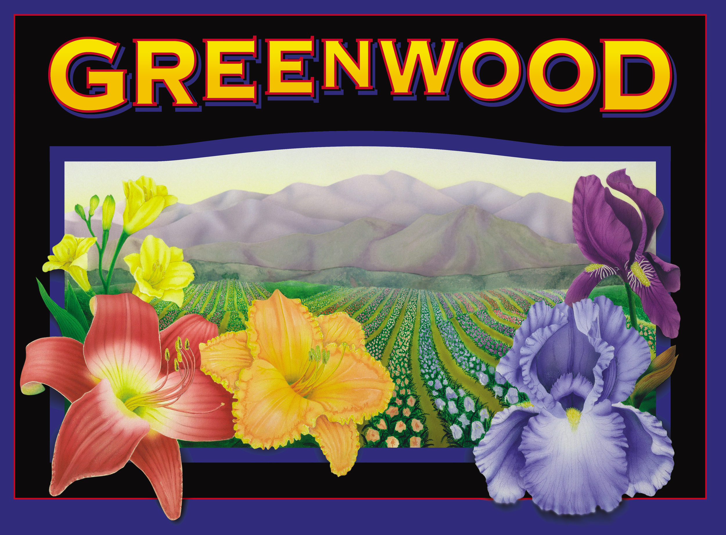 Colorful illustration featuring the word "GREENWOOD" above a vibrant landscape of flowers, including lilies and irises, set against rolling hills and a field of blooming crops. Ideal for promoting gardening, floral art, or local agriculture.
