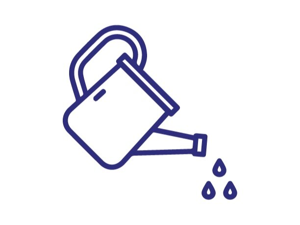 Illustration of a watering can pouring water, with three droplets falling, representing gardening, plant care, and irrigation.